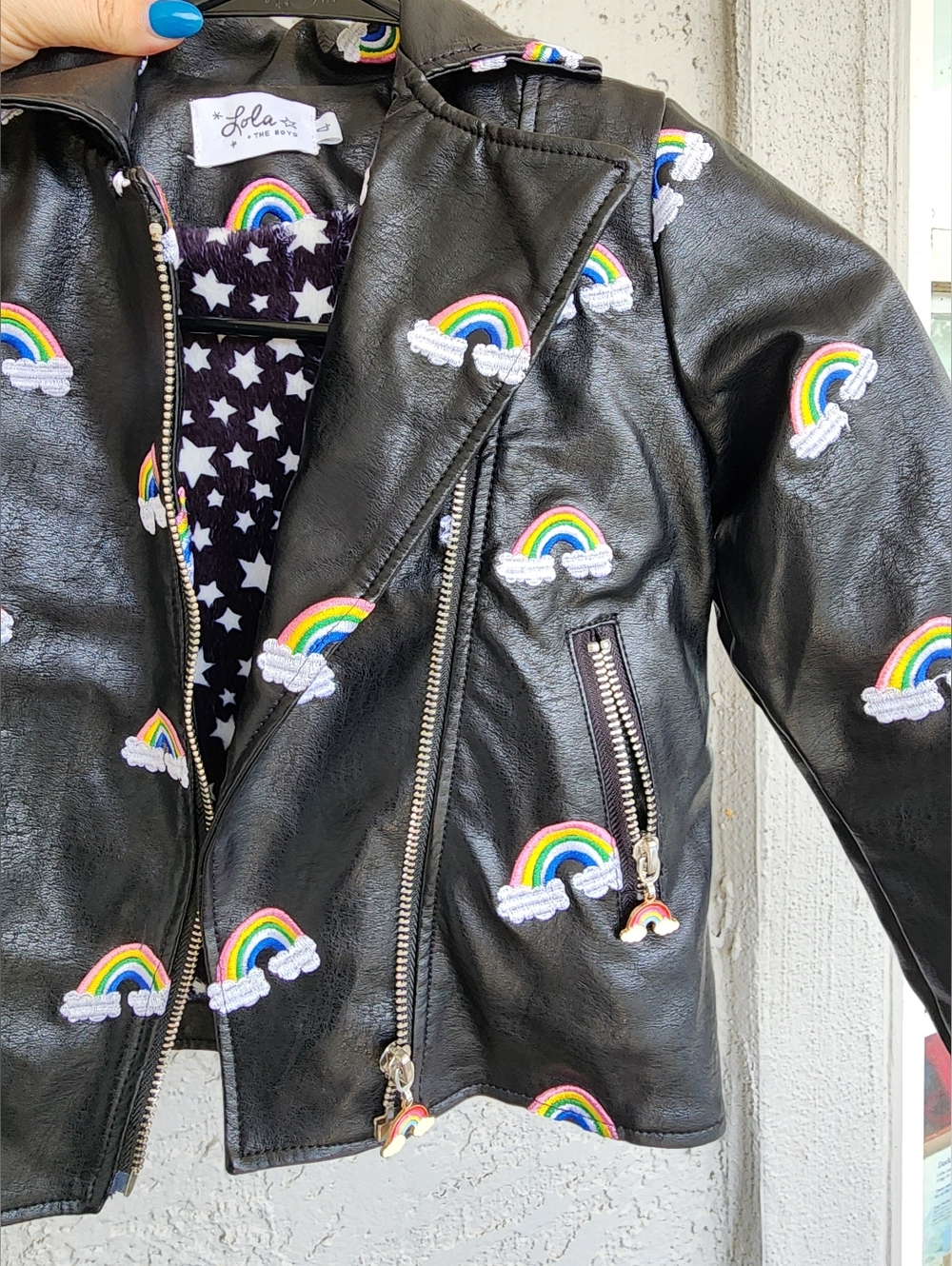 Lola The Boys Girls' Black Rainbow Embroidered Moto Jacket B12 - Picture 4 of 9